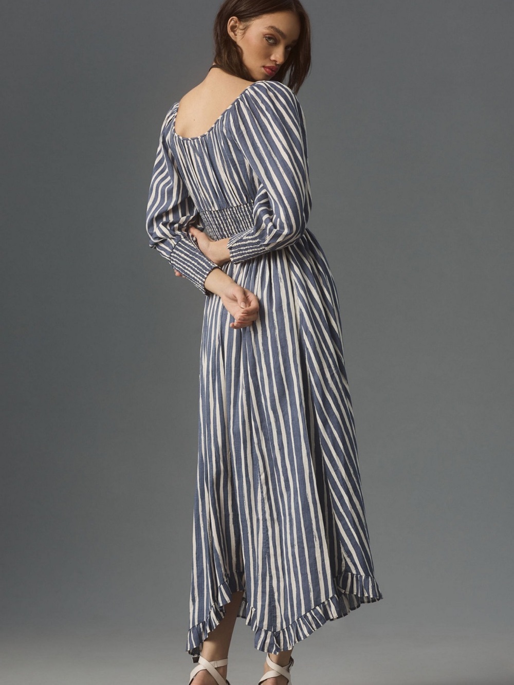 Blue and White Striped Dress with Smocked Waist